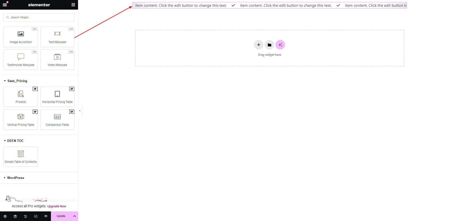 Widget dropping text marquee